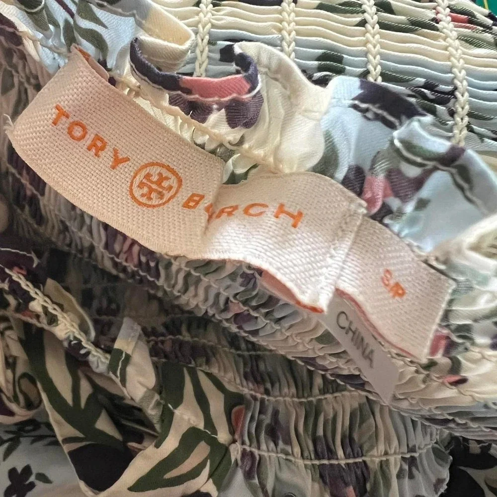 Tory Burch Sleeveless Floral Print Cotton Tiered Dress Tie Straps Size Small